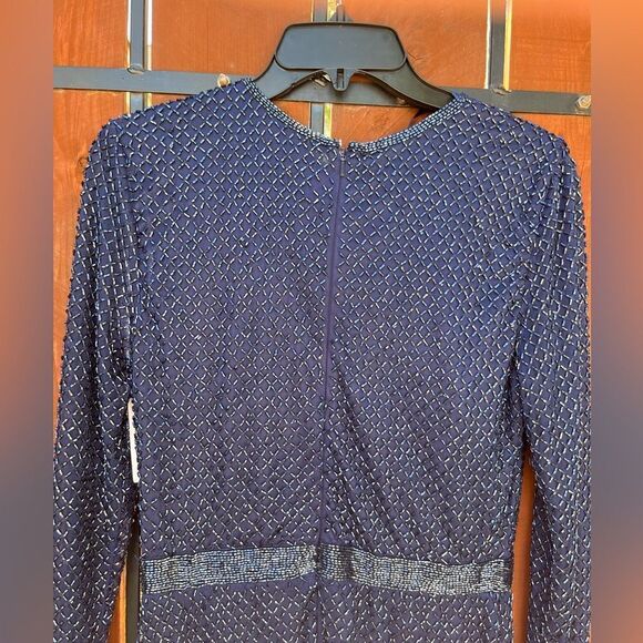 MAC DUGGAL Lattice Beaded Long Sleeve Evening Gown Size 4 Midnight blue NWT - Picture 5 of 14